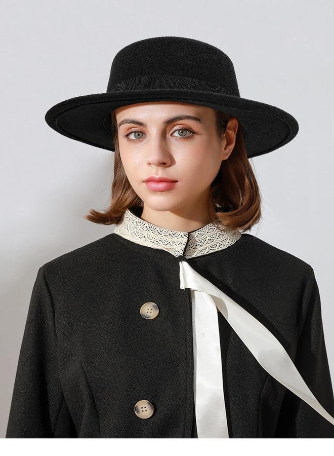 OVOY Classic Wide Brim Flat Top Fedora Hats for Women Men Warm Panama Hat Dress Felt Jazz Hat with Band - Image 3